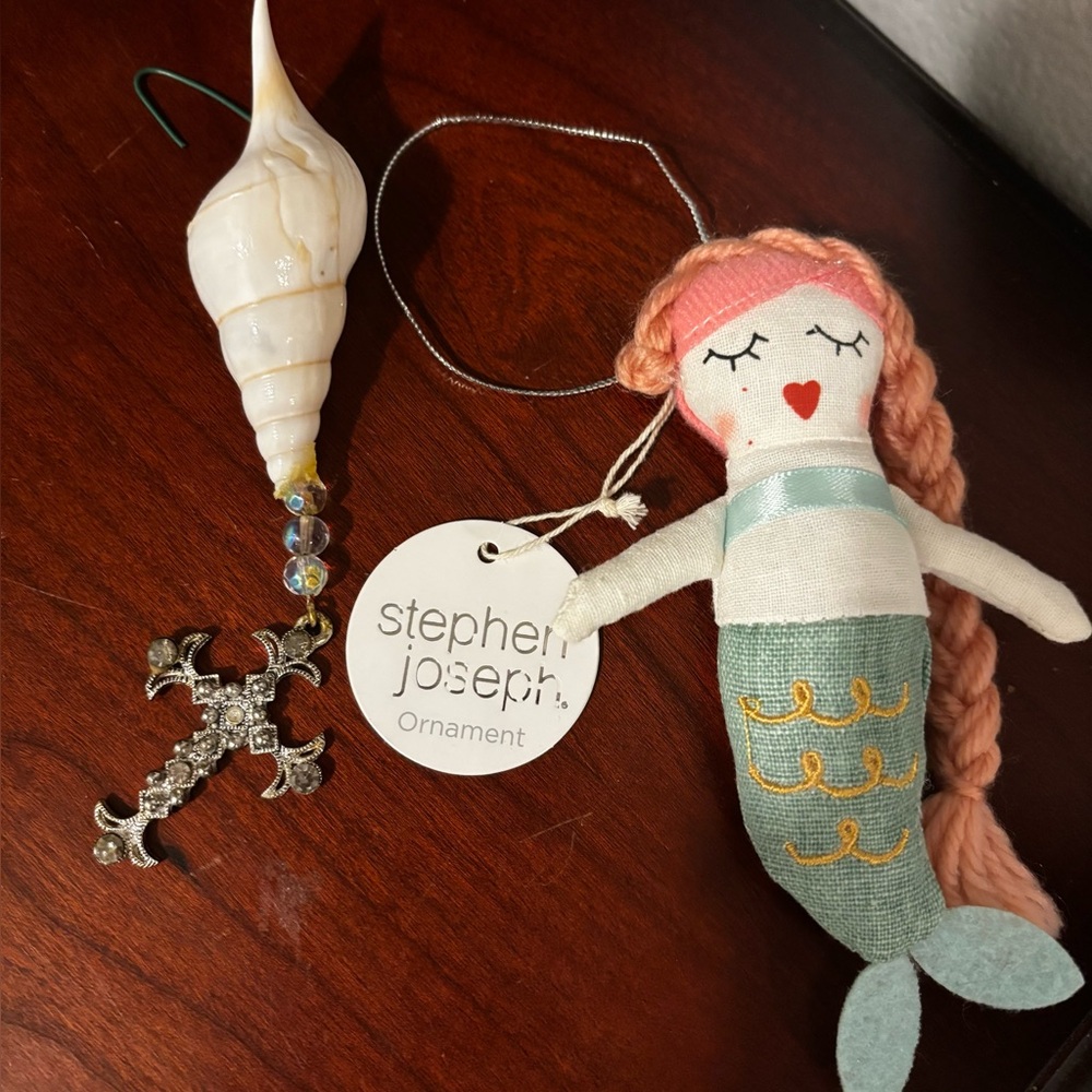 NWT set of 2 Christmas ornaments Stephen Joseph pink haired mermaid /shell-cross